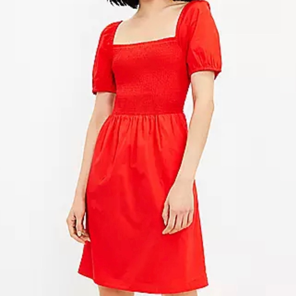 LOFT Red Smocked Midi Dress with Puff Sleeves- Size M